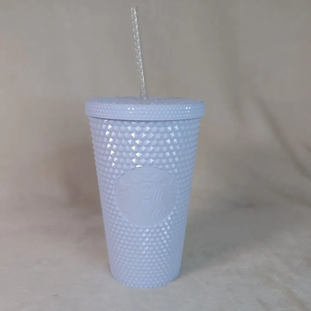 Starbucks White Plastic Studded 16 oz Tumbler w/Lid Straw Mint Interior NEW